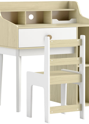 Kids Desk and Chair Set with Storage Shelves, Drawer for 3-10 Years, White