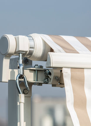 12' x 10' Manual Retractable Awning Outdoor Sunshade Shelter with Adjustable & Versatile Design, Beige and White