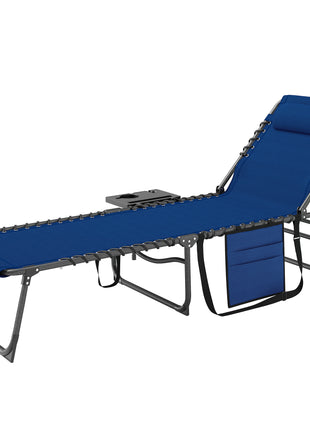 Folding Outdoor Chaise Lounge Chair Tanning Chair with 5-Level Adjustable Back, Side Table, Pillow, Pocket, Dark Blue