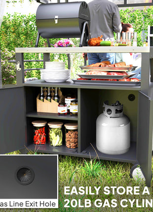 Outdoor Grill Cart Table with Stainless Steel Top, Movable Pizza Oven Table with Foldable Side Table, Wheels