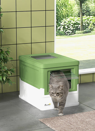 Fully Enclosed Cat Litter Box with Front Entry, Top Exit, Yellowish Green