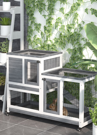 Wooden Rabbit Hutch Elevated Bunny Cage Indoor Small Animal Habitat with Enclosed Run with Wheels, Ramp, Gray