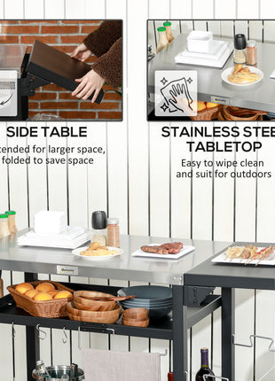 3-Shelf Outdoor Grill Cart Table with Foldable Side Table, Stainless Steel Pizza Oven Stand on Wheels, Black
