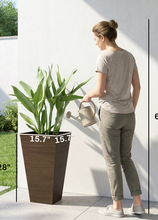 Set of 3 Tall Planters, 28" Outdoor Planter w/ Drainage Holes, Faux Wood Plastic Flower Pots, Brown