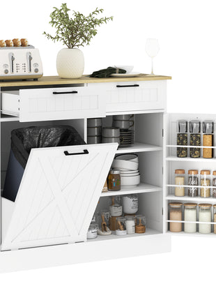 10 Gallon Farmhouse Kitchen Cabinet with Hidden Trash Can and 2 Drawers, Tilt Out Trash Can Cabinet for Kitchen, White