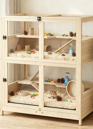 Wooden Hamster Cage, 4 Tier Small Animal Cage with Mesh Flip Roof, Pull-Out Tray, Huts, Seesaws, Ramps and Water Bottles