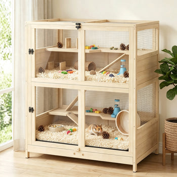 Wooden Hamster Cage, 4 Tier Small Animal Cage with Mesh Flip Roof, Pull-Out Tray, Huts, Seesaws, Ramps and Water Bottles