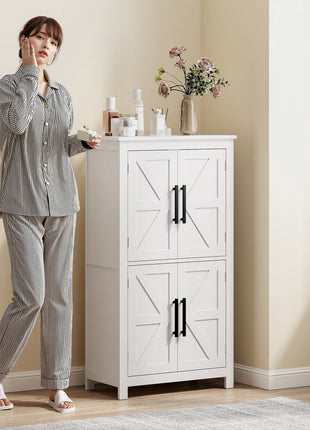 Bathroom Floor Storage Cabinet, Farmhouse Bathroom Cabinet with 4 Doors and Adjustable Shelf, White