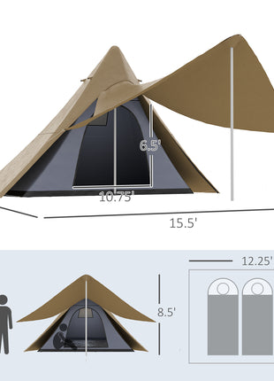 15.4'x15.4'x8.5' Teepee Tent, Waterproof Camping Tent with Porch Area, Floor and Carry Bag, for 2-3 Person Outdoor Backpacking Camping Hiking, Coffee