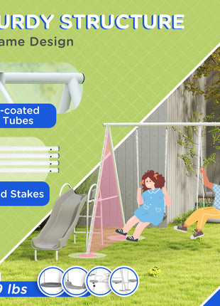 5 in 1 Kids Swing Set for Backyard with Heavy-Duty A-Frame Stand, Saucer Swing, Slide, Seesaw, Glider, Swing Seat, Gray