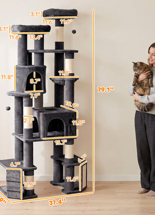 79" Extra Large Cat Tree Tower with Dual Baseboard for Large Adult Big Cats, Dark Gray