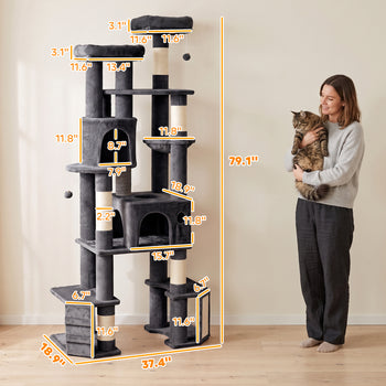 79" Extra Large Cat Tree Tower with Dual Baseboard for Large Adult Big Cats, Dark Gray