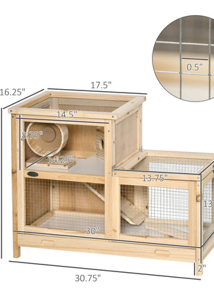 2-Tier Wooden Hamster Cage, Small Animals Hutch, w/ Seesaw, Tray