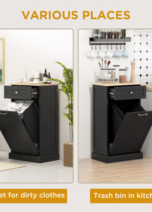 10 Gallon Tilt Out Trash Cabinet, Wooden Hidden Trash Can with Storage Drawer for Kitchen, Laundry Hamper Cabinet for Bathroom, Black