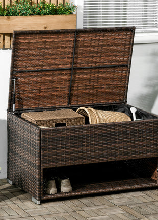 Outdoor Deck Box & Shoe Storage, PE Rattan Wicker Towel Rack with Liner for Indoor, Outdoor, Patio Furniture Cushions, Pool, Garden Tools, Brown