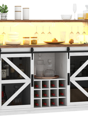 55" Coffee Bar Cabinet with Lights, Farmhouse Wine Cabinet with Wine and Glass Racks for Kitchen, Dining Room, White