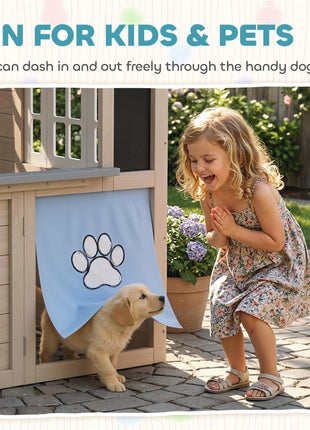 Outdoor Playhouse, Wooden Kids Playhouse with Dog Door, Cookware, Planter Box, Bell, Blackboard, Clock for Backyard