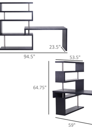 94" 5 Tier L-Shaped Computer Desk Rotating Writing Table Corner Desk with Display Shelves and Stainless Steel Frame, Black