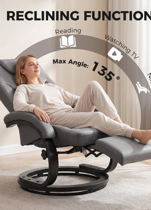 Faux Leather Manual Recliner, Swivel Lounge Chair with Adjustable Backrest, Footrest and Round Base, Gray