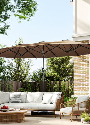 Garden Parasol 14.4 ft. Double-Sided Sun Umbrella with Base, Patio Parasol with LED Solar Lights, Khaki