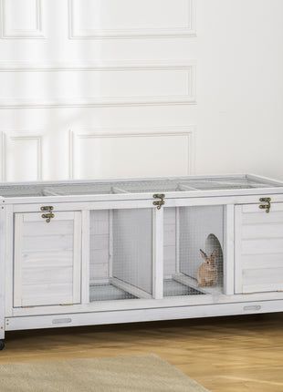 Wooden Rabbit Hutch with Wheels, Dividers for Indoor Use, Light Gray