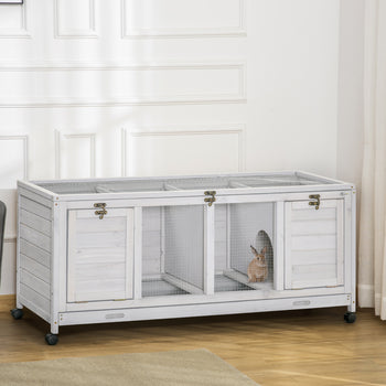 Wooden Rabbit Hutch with Wheels, Dividers for Indoor Use, Light Gray