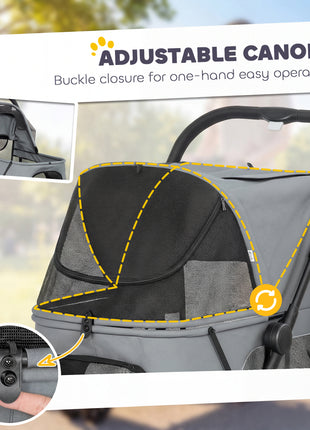 3 Wheel Pet Stroller with Easy One-Click Quick Fold, Mesh Window, Washable Cushion, for Medium Dogs, Gray
