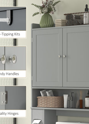 Modern Over the Toilet Storage Cabinet with 2 Doors, Above Commode Storage Cabinet with Toilet Paper Holder, Gray