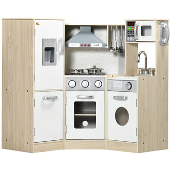 Ultra-Big Corner Kids Kitchen Playset with Sound Effects, Wooden Play Kitchen  with Stainless Steel Cooking Toys, Imaginative Pretend Toy for Ages 3-6 with Phone, Ice Maker