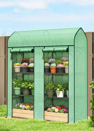 3 Tier Mini Greenhouse, Small Portable Greenhouse with 2 Roll-up Doors, 56.3" x 18.1" x 65", Green