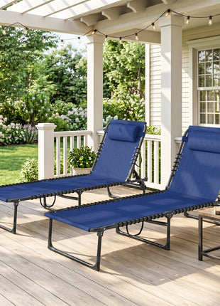 2 Folding Chaise Lounge Pool Chairs with 4-Position Reclining Back, Pillow, Breathable Mesh & Bungee Seat, Blue