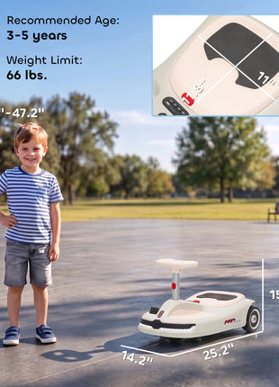 12V Electric Wiggle Car with Convertible Steering Wheel Pull Handle, 2 Speed, Music, Lights for 3-5 Years, White