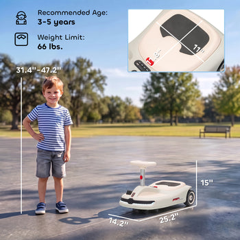 12V Electric Wiggle Car with Convertible Steering Wheel Pull Handle, 2 Speed, Music, Lights for 3-5 Years, White