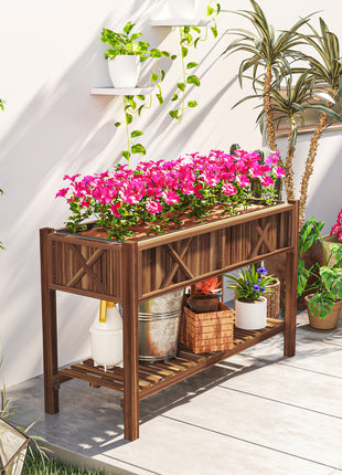 Raised Garden Bed, 47 x 22 x 31.5 in Elevated Wood Planter Box with Storage Shelf, Drainage Holes and Liner, Carbonized