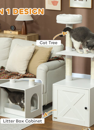 Cat Tree with Litter Box Enclosure, Scratching Posts, Bed, Climbing Platforms for Indoor Cats, White