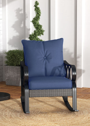 Outdoor Wicker Rocking Chair with Padded Cushions, Aluminum Furniture, Rattan Porch Rocker Chair w/ Armrest, Navy Blue
