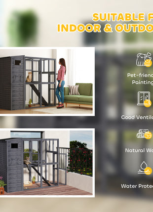Wooden Outdoor Catio with Platforms, Asphalt Roof, Ramps, Gray