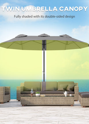 Double Sided Patio Umbrella, 9.7' Large Outdoor Market Umbrella with Push Button Tilt and Crank, 3 Air Vents and 12 Ribs, for Garden, Deck, Pool, Gray