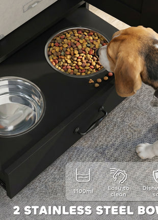 Pet Feeding Station, Dog Food Storage Cabinet w/ Raised Dog Bowls, Adjustable Panel, Hooks for Medium Dogs, Black