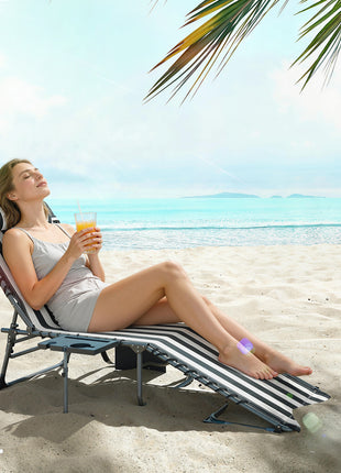 Folding Outdoor Chaise Lounge Chair Tanning Chair with 5-Level Adjustable Back, Side Table, Pillow, Pocket, Blue White