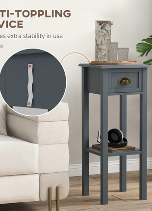 2-Tier Side Tables Set of 2 with Drawer and Shelf, 2 Pieces End Tables for Living Room and Hallway, Gray