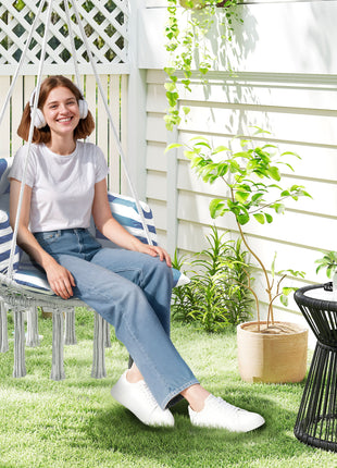 Hammock Swing Chair, Macrame Hanging Chair with Large Cushion, Chain, Steel Frame for Indoor Outdoor Use, Blue and White