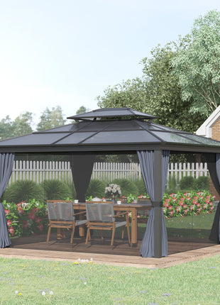 10' x 12' Hardtop Gazebo Canopy with Polycarbonate Roof, Aluminum Frame, Permanent Pavilion Outdoor Gazebo with Netting, for Patio, Garden, Backyard, Deck, Lawn, Black