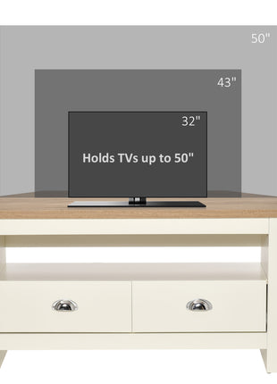 Entertainment Center TV Console Table, Corner TV Stand Up To 50" with Drawers and Open Storage Compartmen, White