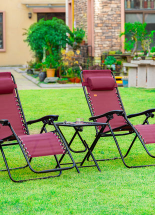 Zero Gravity Chair Set with Side Table, Folding Reclining Chair with Cupholders & Pillows, Adjustable Lounge Chairs for Pool, Backyard, Lawn, Beach, Wine Red