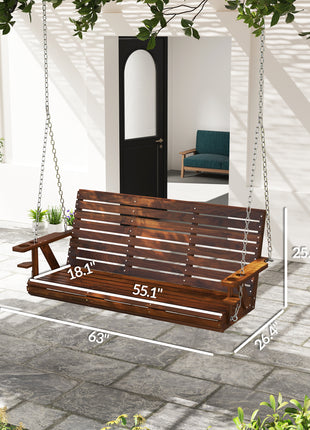 3-Seater Swing Bench, Wooden Porch Swing with Cupholders, Hanging Chains for Patio Garden, Carbonized