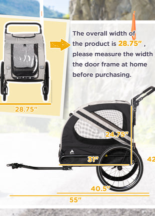 2-in-1 Pet Bike Trailer for Small Medium Dogs, Road-Visibility Dog Stroller Bicycle Carrier, Weather-Strong Bike Wagon Trailer Sidecar Attachment, Gray