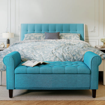 50 Inches Storage Ottoman, End of Bed Bench with Rolled Arms, Wood Legs, Button Tufted Storage Bench, Teal