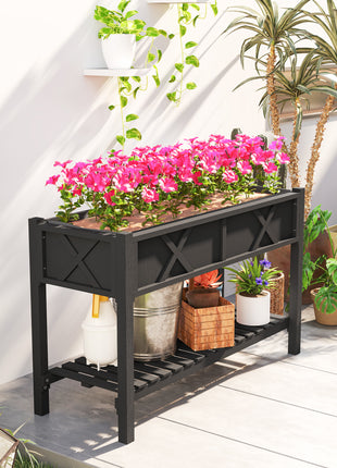 Raised Garden Bed, 47 x 22 x 31.5 in. Elevated Wood Planter Box with Storage Shelf, Drainage Holes, and Liner, Black