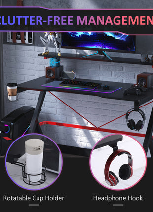 47 Inch Gaming Desk Racing Computer Desk Home Office Workstation with Elevated Monitor Shelf Rotatable Cup Holder Headphone Hook, Black